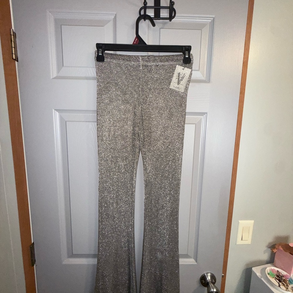 Vibe Sportswear Silver Metallic Mesh Flare Pants- XS. NWT Sheer Pants